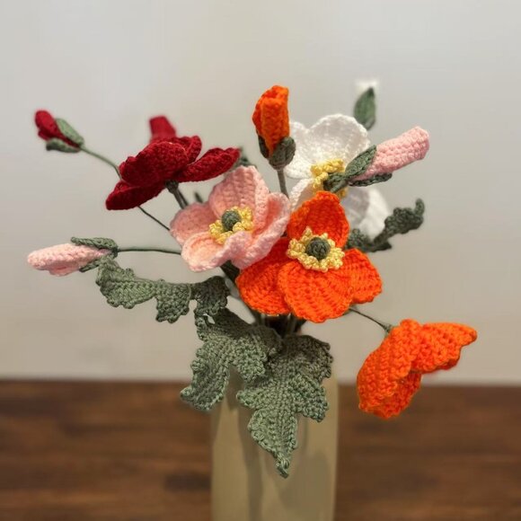 Hand-Crocheted Poppy Flower Bouquet - Symbol of Remembrance and Beauty 15" - Picture 1 of 6